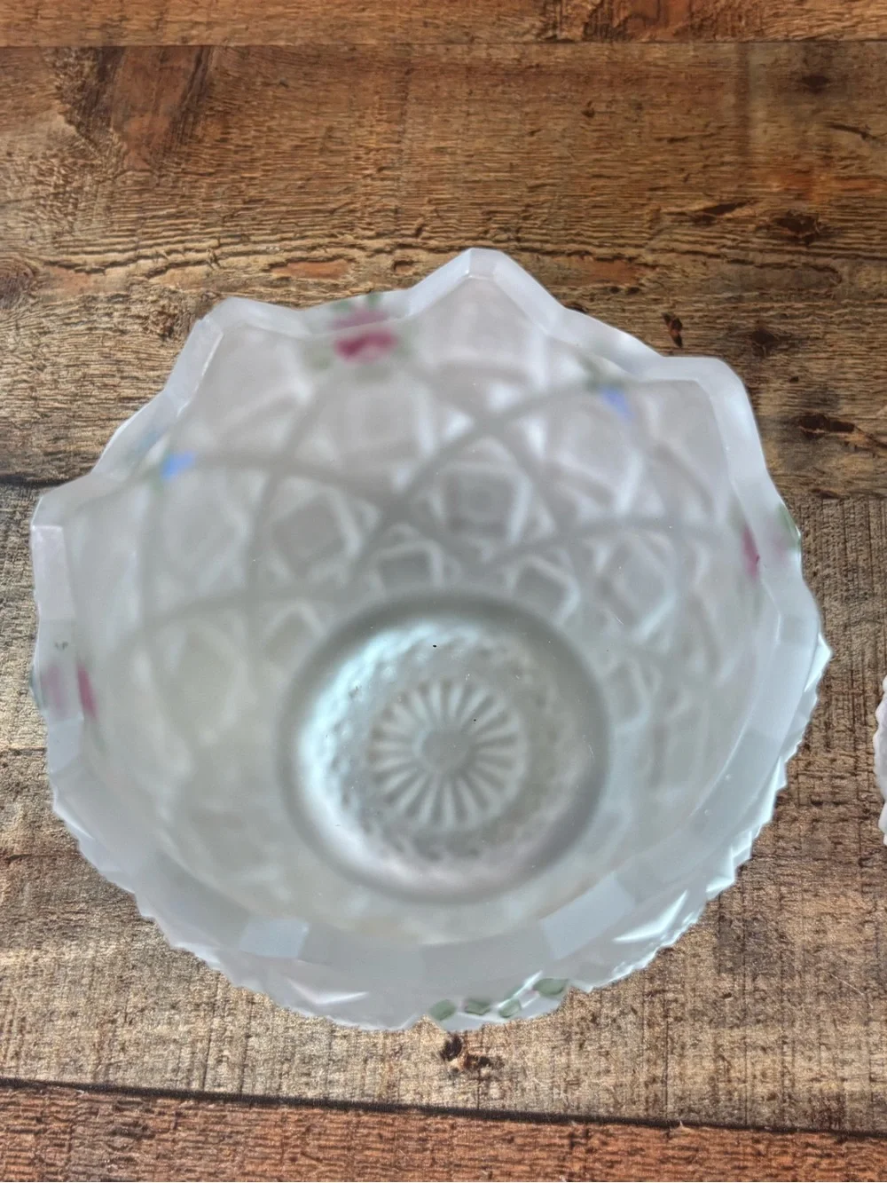 Vtg Westmoreland Frosted Satin Glass Old Quilt Candy Dish Hand Painted Flowers